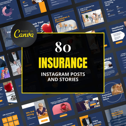 Collection of insurance-themed Instagram posts and stories with 'Made in Canva' branding.