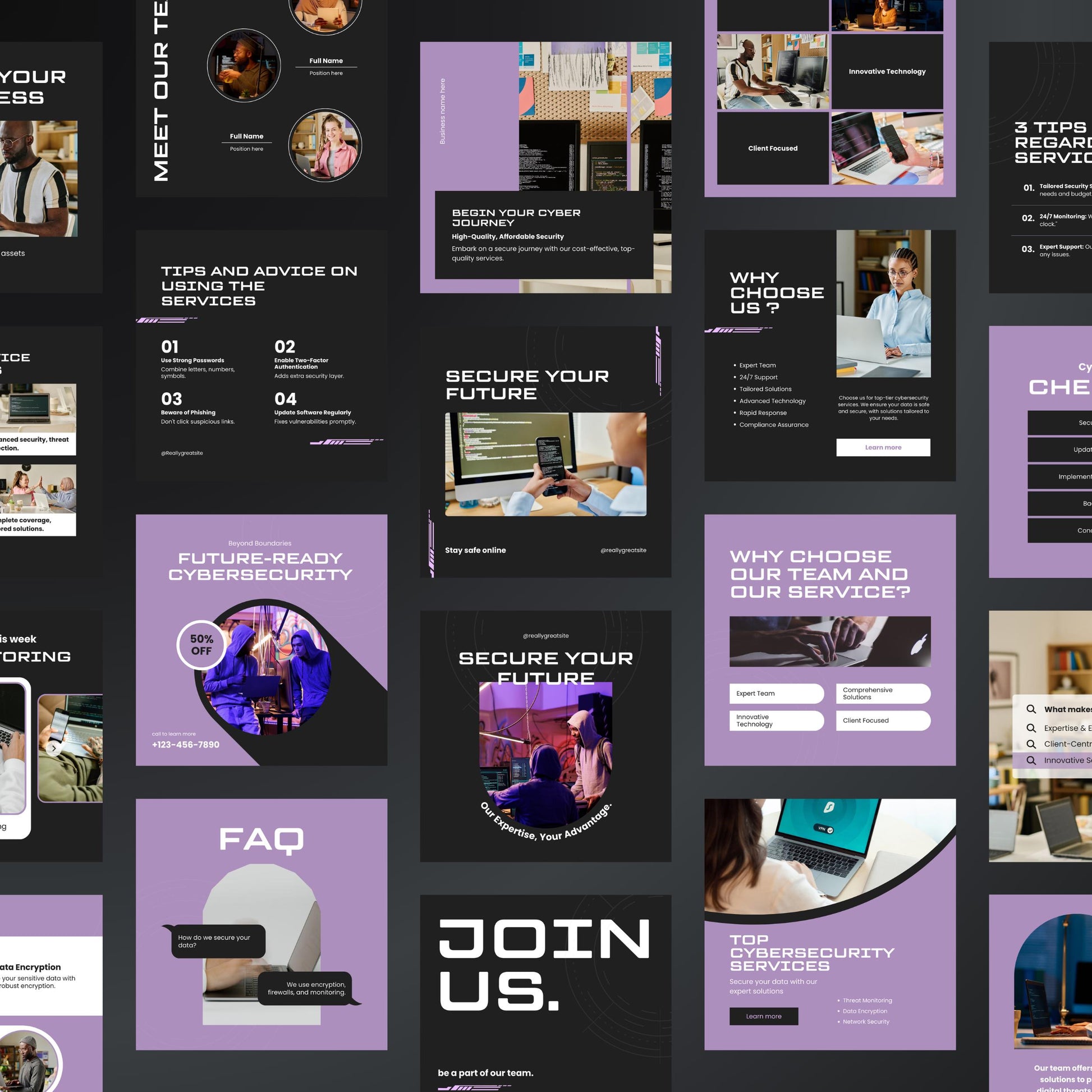 Collage of cybersecurity service promotional materials with text and images on a black background.