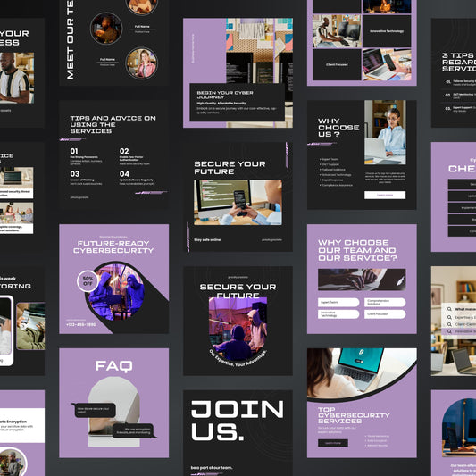 Collage of cybersecurity service promotional materials with text and images on a black background.