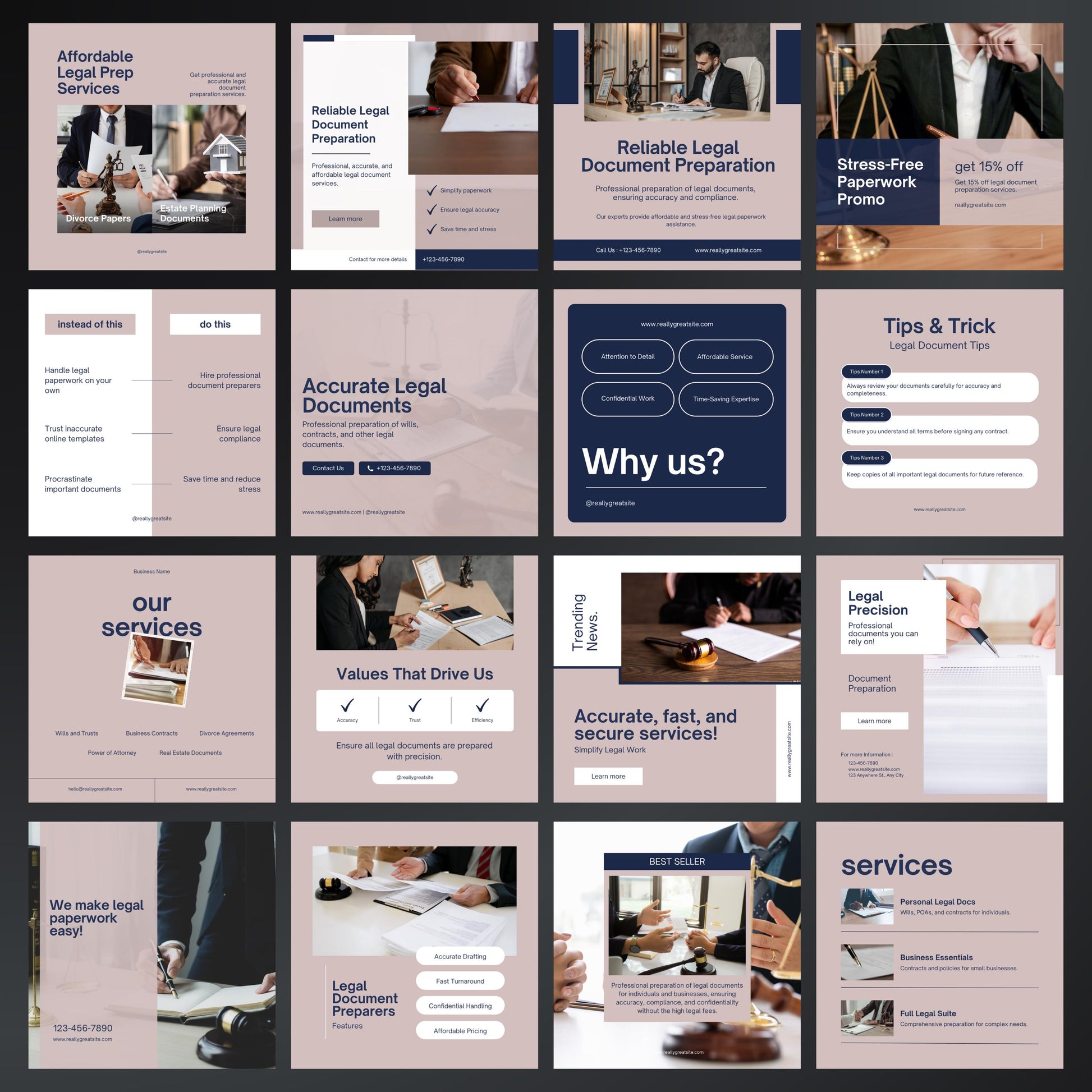 Collection of legal service promotional slides with text and images on a grid layout.