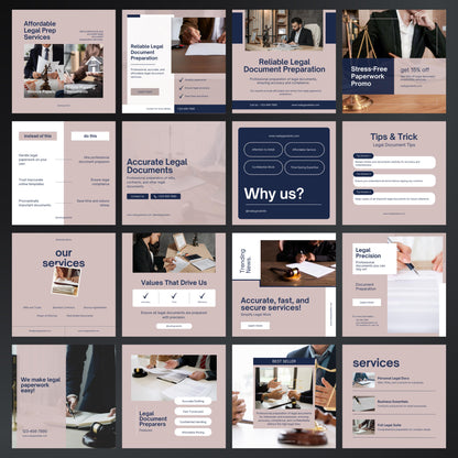 Collection of legal service promotional slides with text and images on a grid layout.