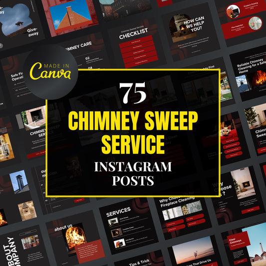 Promotional graphic for 75 Chimney Sweep Service Instagram posts with 'Made in Canva' branding.