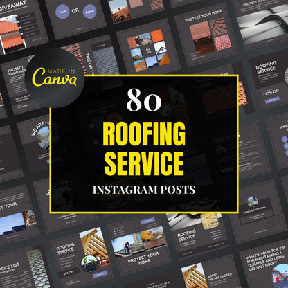 Collection of roofing service Instagram posts with 'Made in Canva' branding.