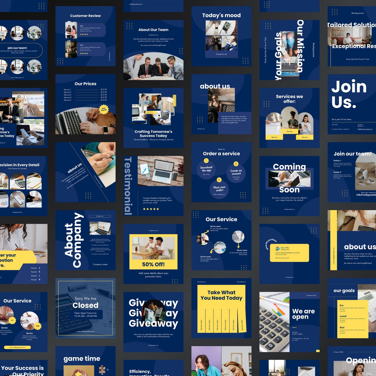 Collage of various blue-themed templates with different layouts and content.