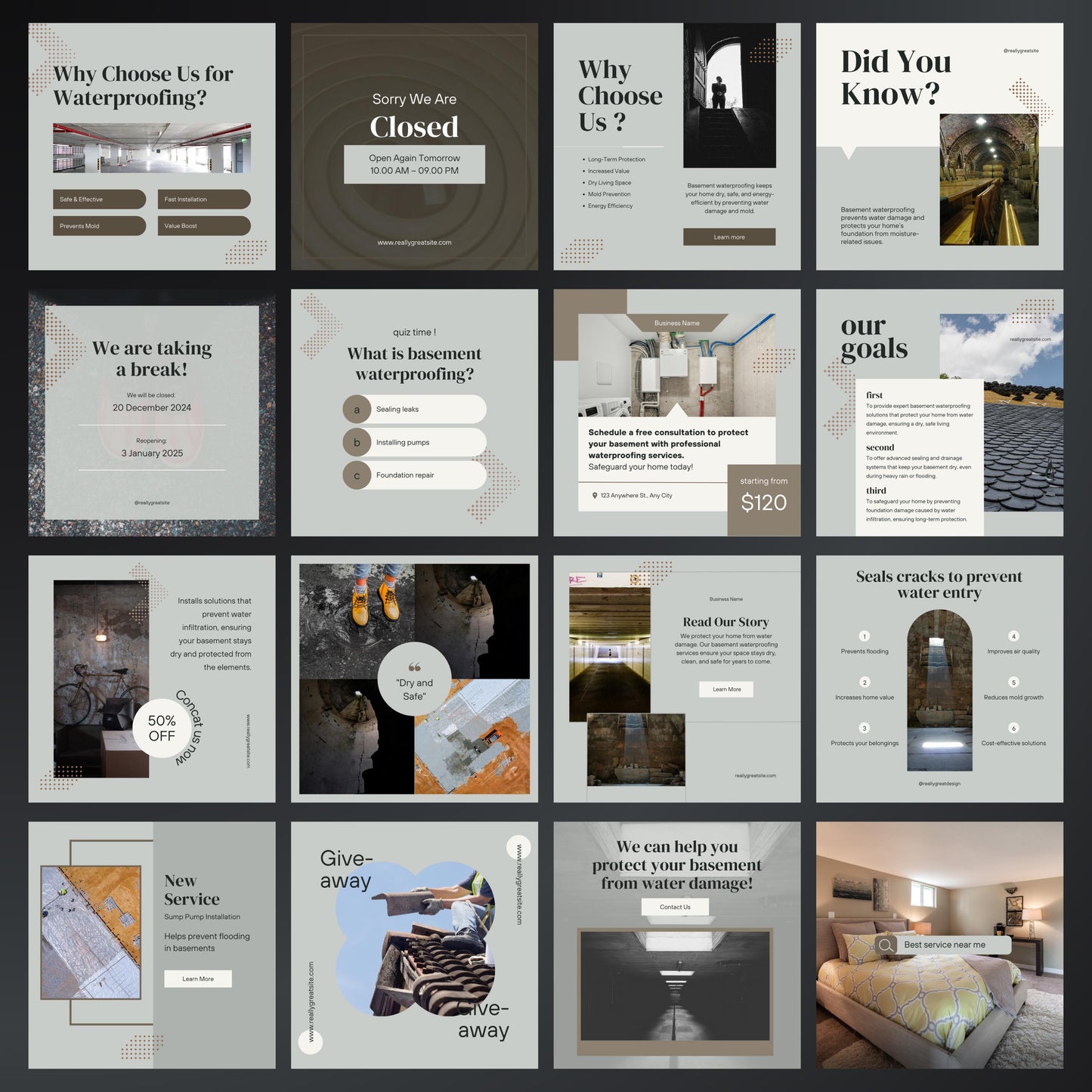 Basement Waterproofing Canva Templates | Editable Instagram Posts for Waterproofing Services