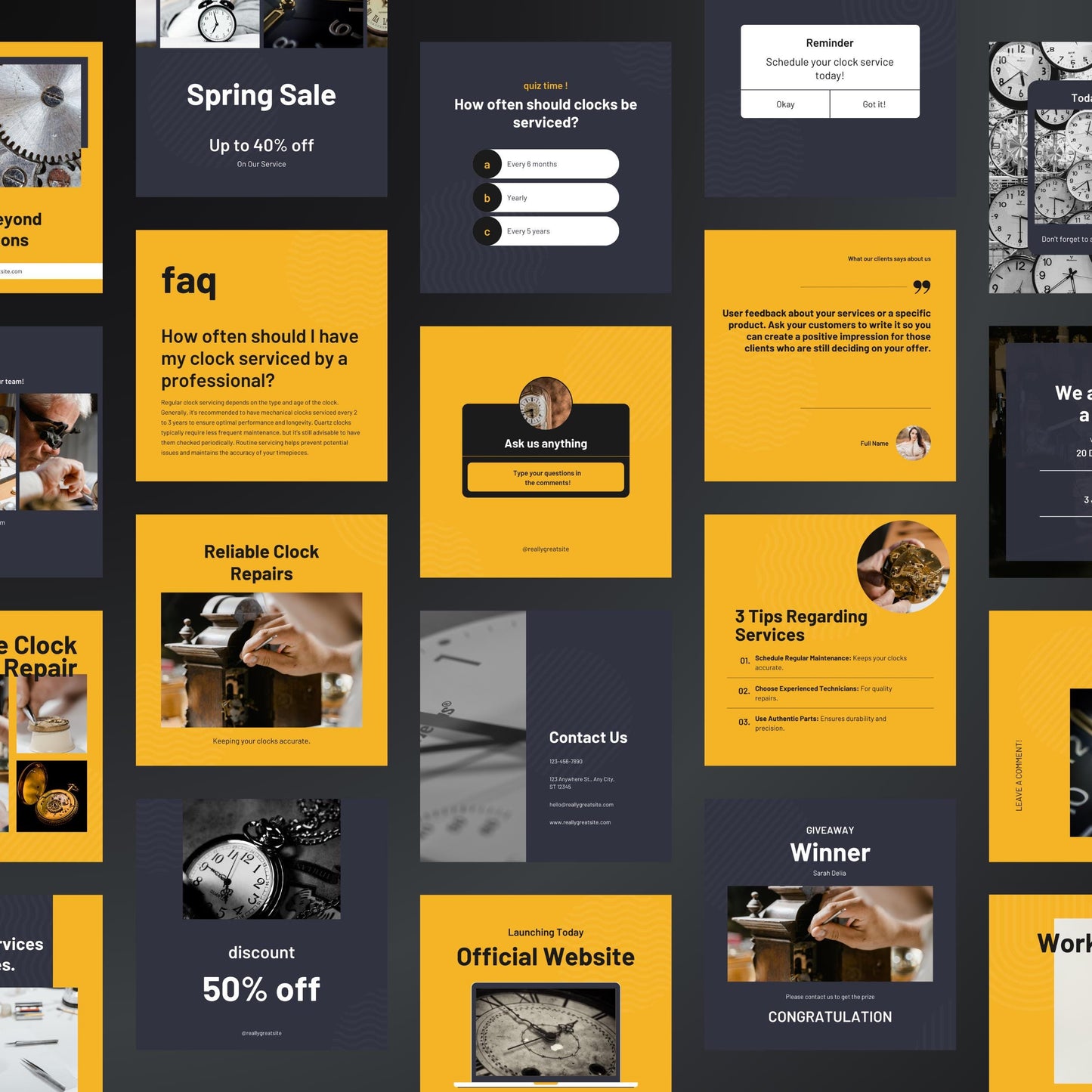 Clock Repair Canva Templates | Editable Instagram Posts for Watch & Clock Services