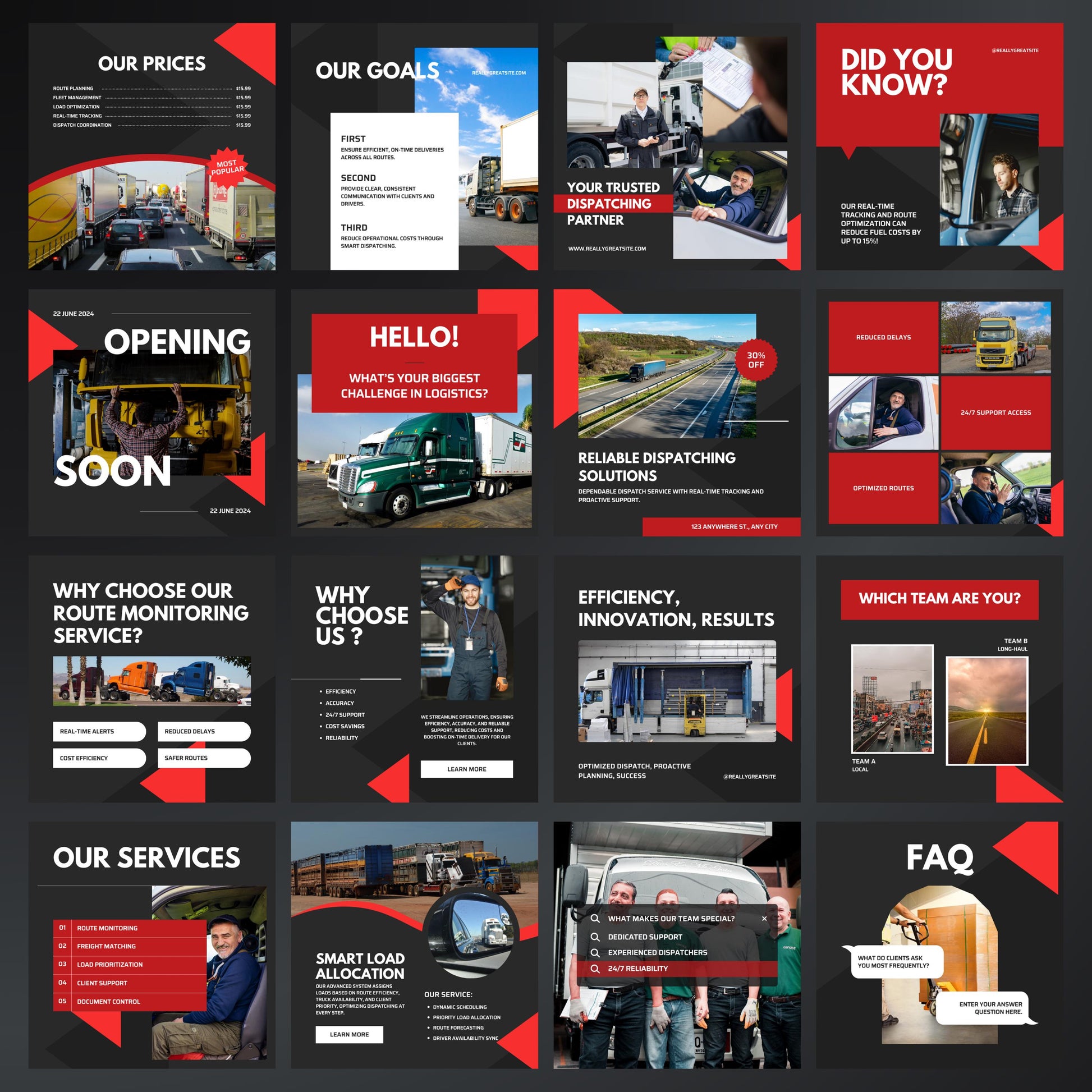 Collection of promotional slides with red and black design elements, featuring images of trucks and people.