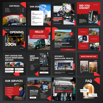 Collection of promotional slides with red and black design elements, featuring images of trucks and people.