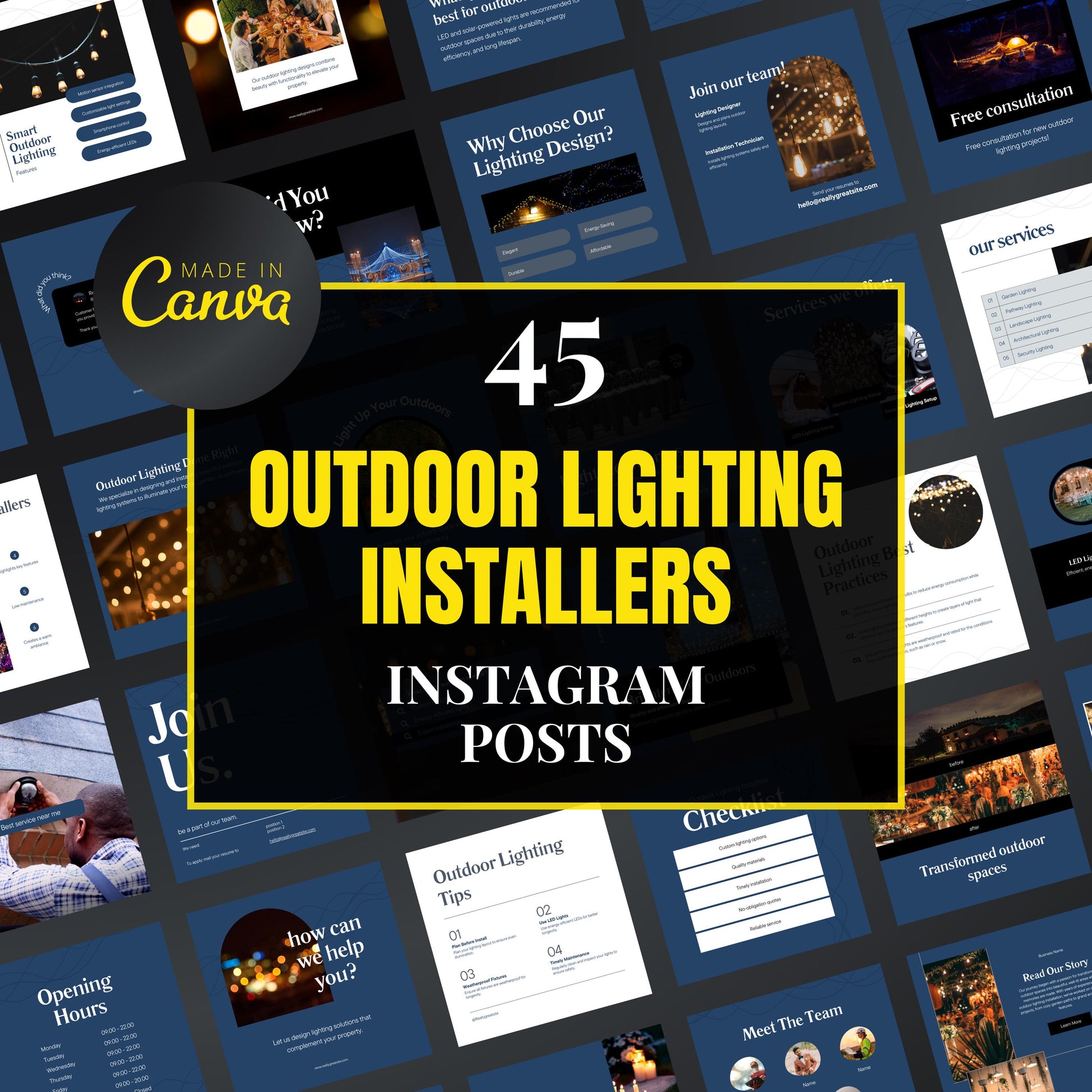 Promotional graphic for 45 outdoor lighting installer Instagram posts by Made in Canva.