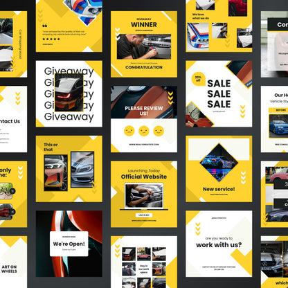 Collage of promotional posters with yellow and black design elements, featuring text and images of cars.