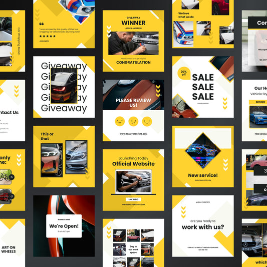 Collage of promotional posters with yellow and black design elements, featuring text and images of cars.