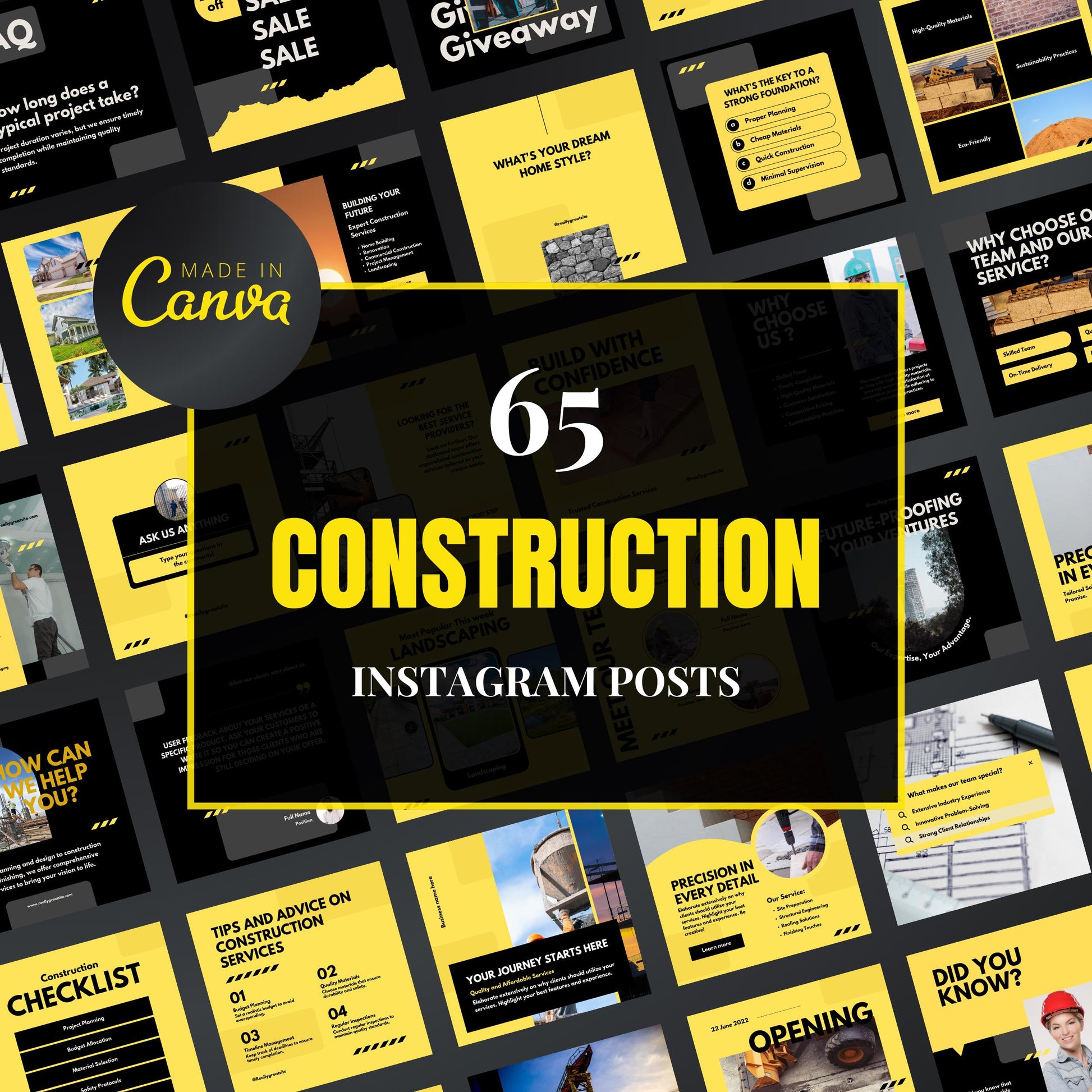 Collection of construction-themed Instagram post templates with yellow and black design, featuring 'Made in Canva' branding.