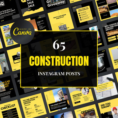 Collection of construction-themed Instagram post templates with yellow and black design, featuring 'Made in Canva' branding.