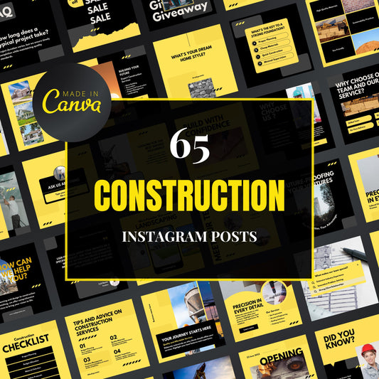 Collection of construction-themed Instagram post templates with yellow and black design, featuring 'Made in Canva' branding.