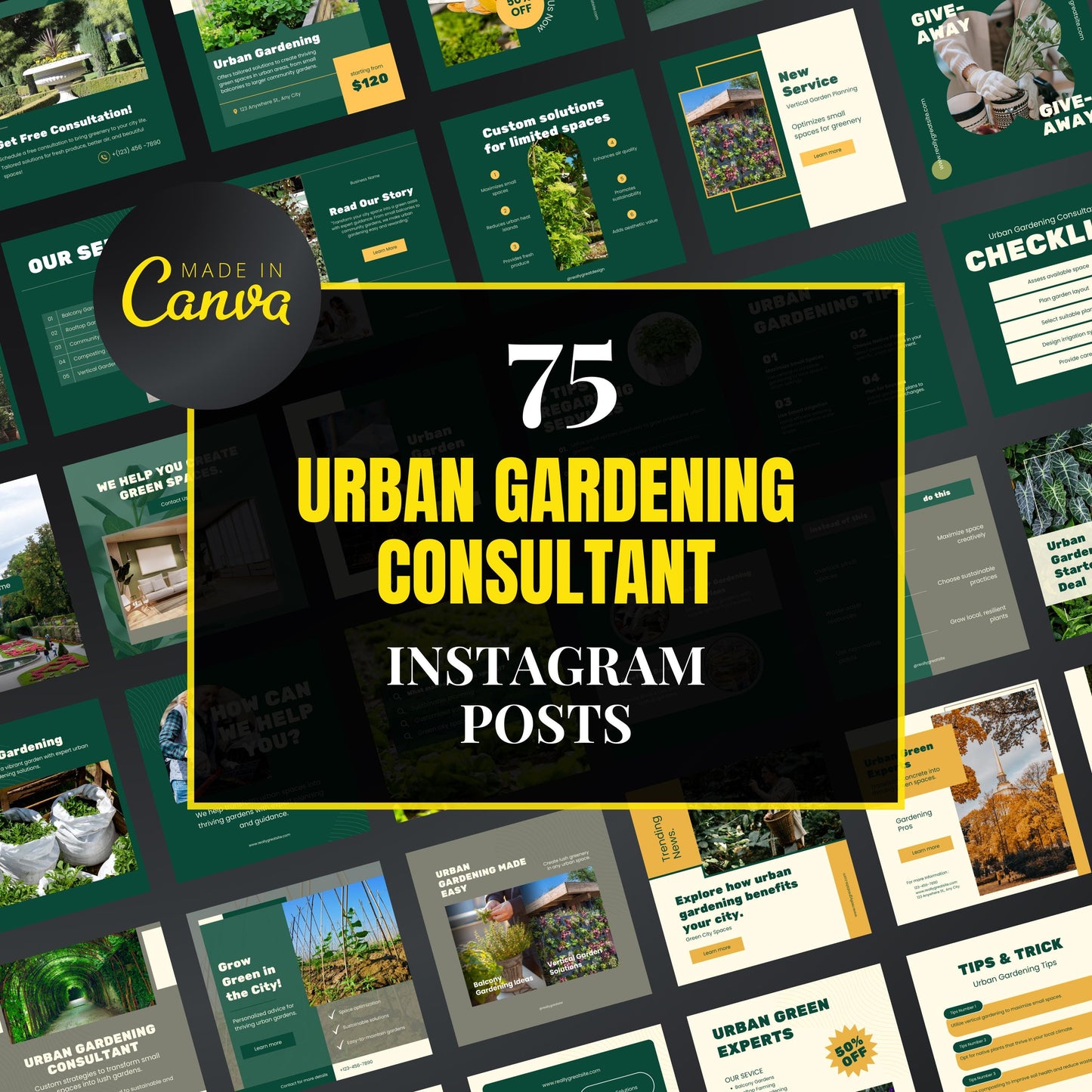 Collection of urban gardening consultant Instagram post templates with 'Made in Canva' branding.
