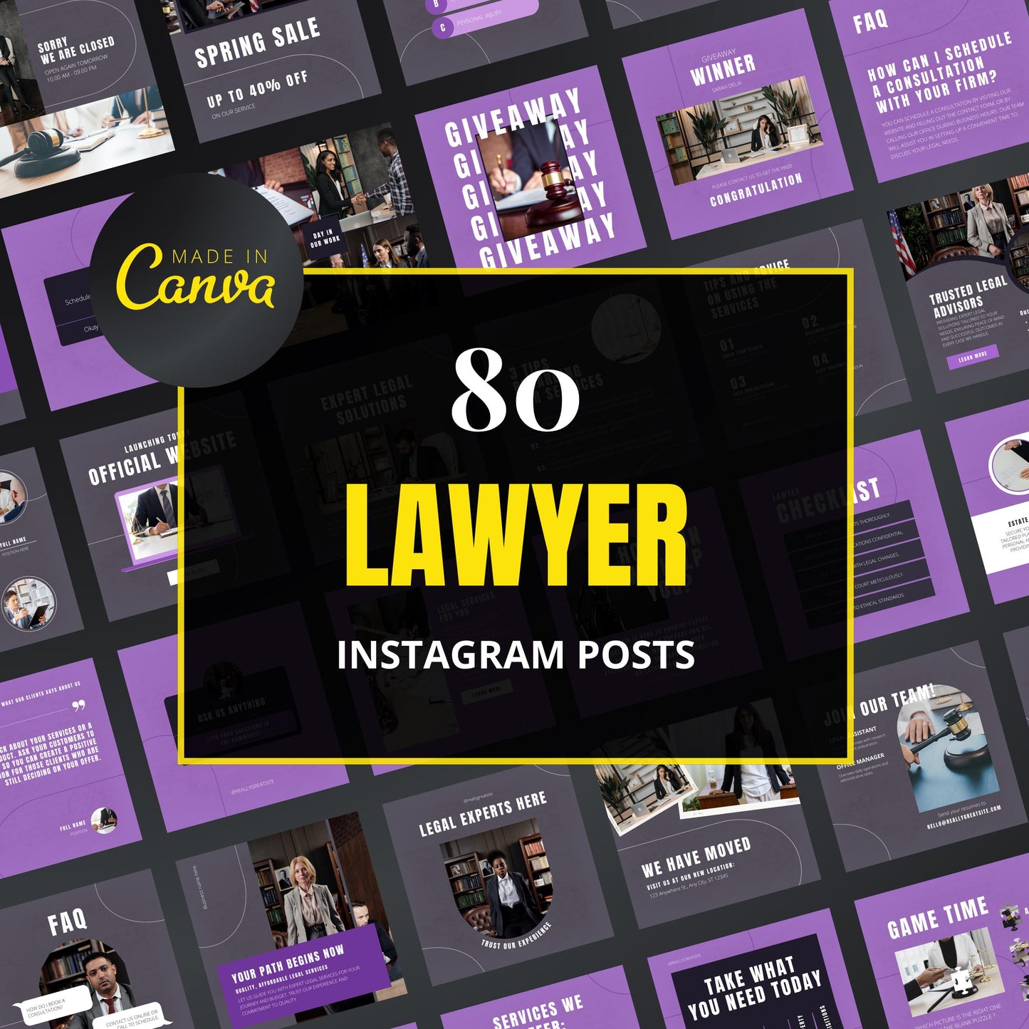 Promotional graphic for 80 Lawyer Instagram posts by Made in Canva with a collage of lawyer-themed posts in the background.