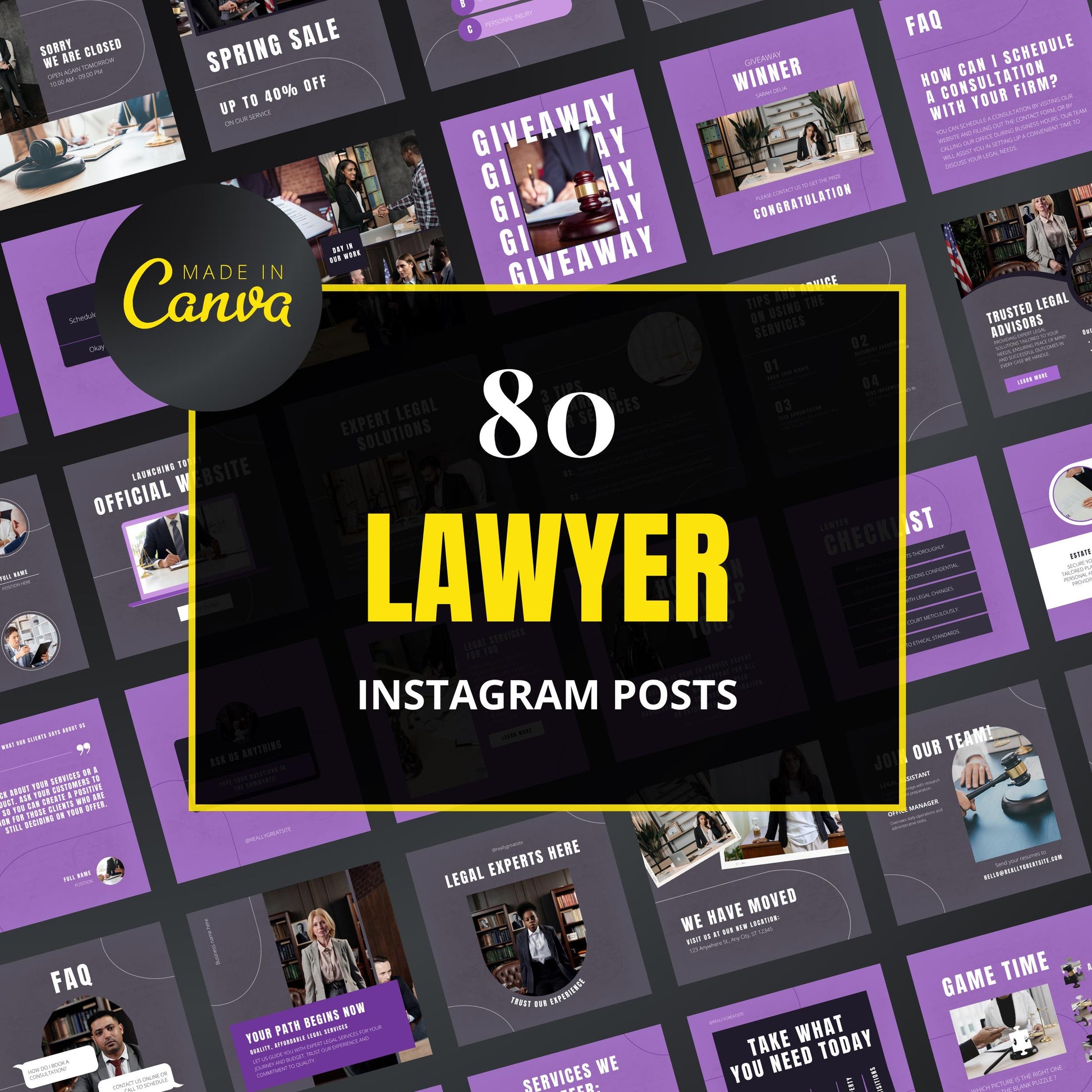 Promotional graphic for 80 Lawyer Instagram posts by Made in Canva with a collage of lawyer-themed posts in the background.
