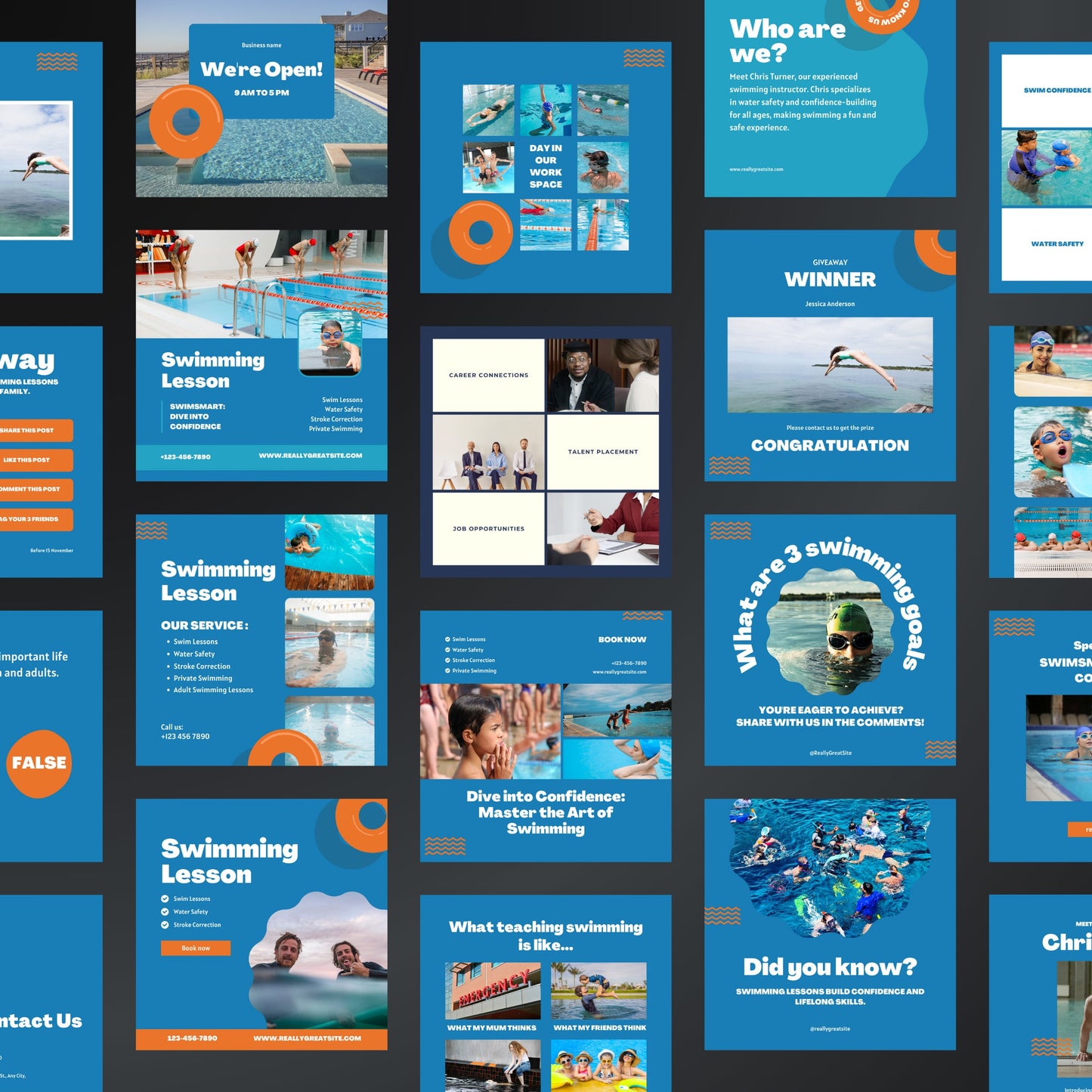 Swimming Lesson Canva Templates | Editable Instagram Posts for Swimming Teachers & Schools