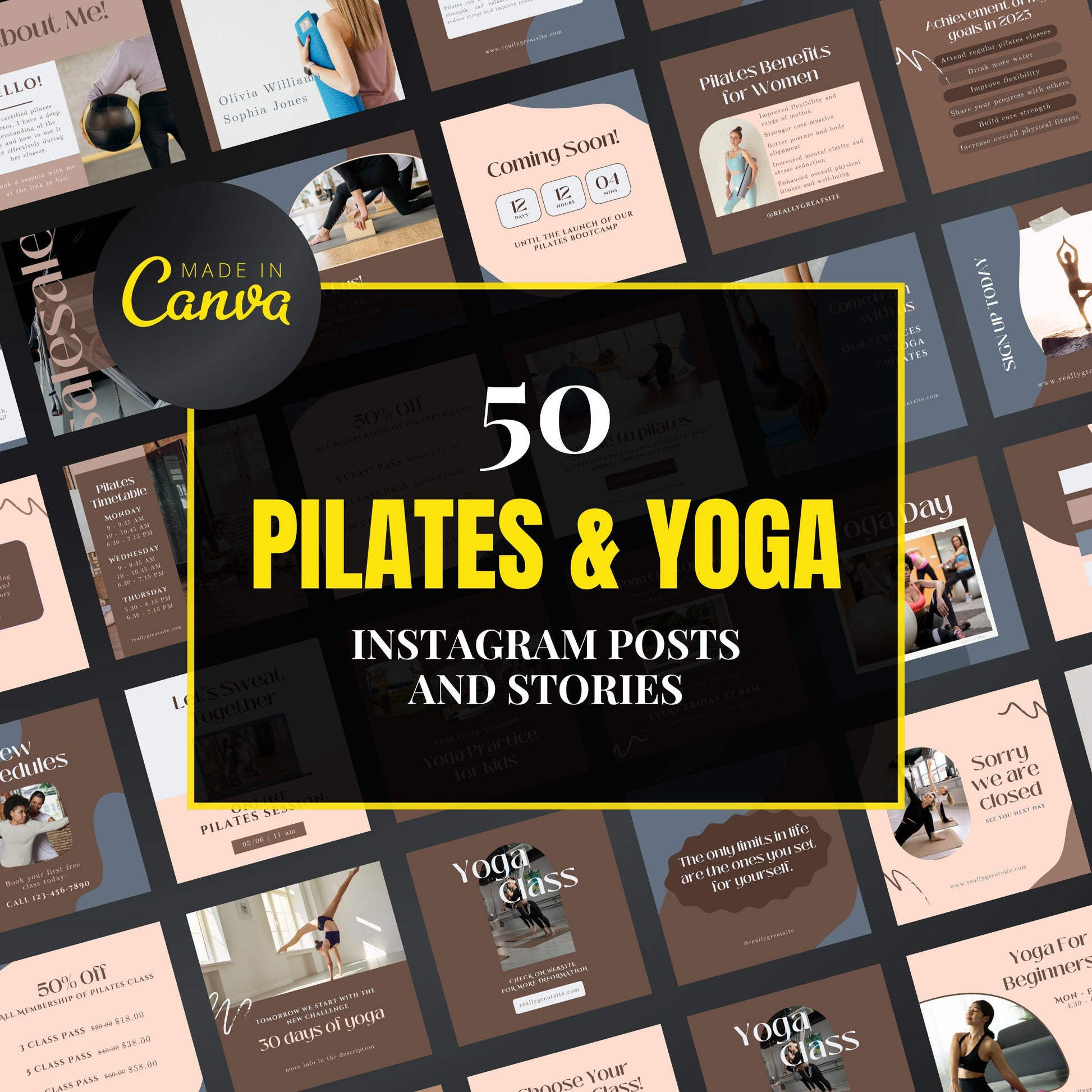 Promotional graphic for 50 Pilates and Yoga Instagram posts and stories by Canva.