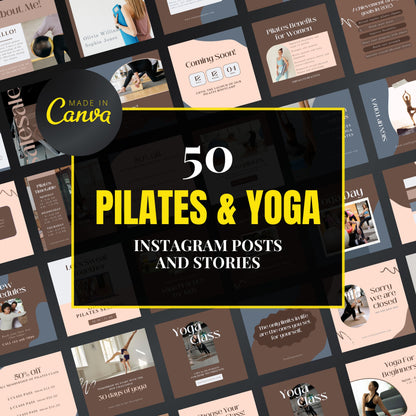 Promotional graphic for 50 Pilates and Yoga Instagram posts and stories by Canva.