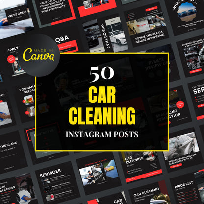Collection of car cleaning Instagram post templates with 'Made in Canva' branding.