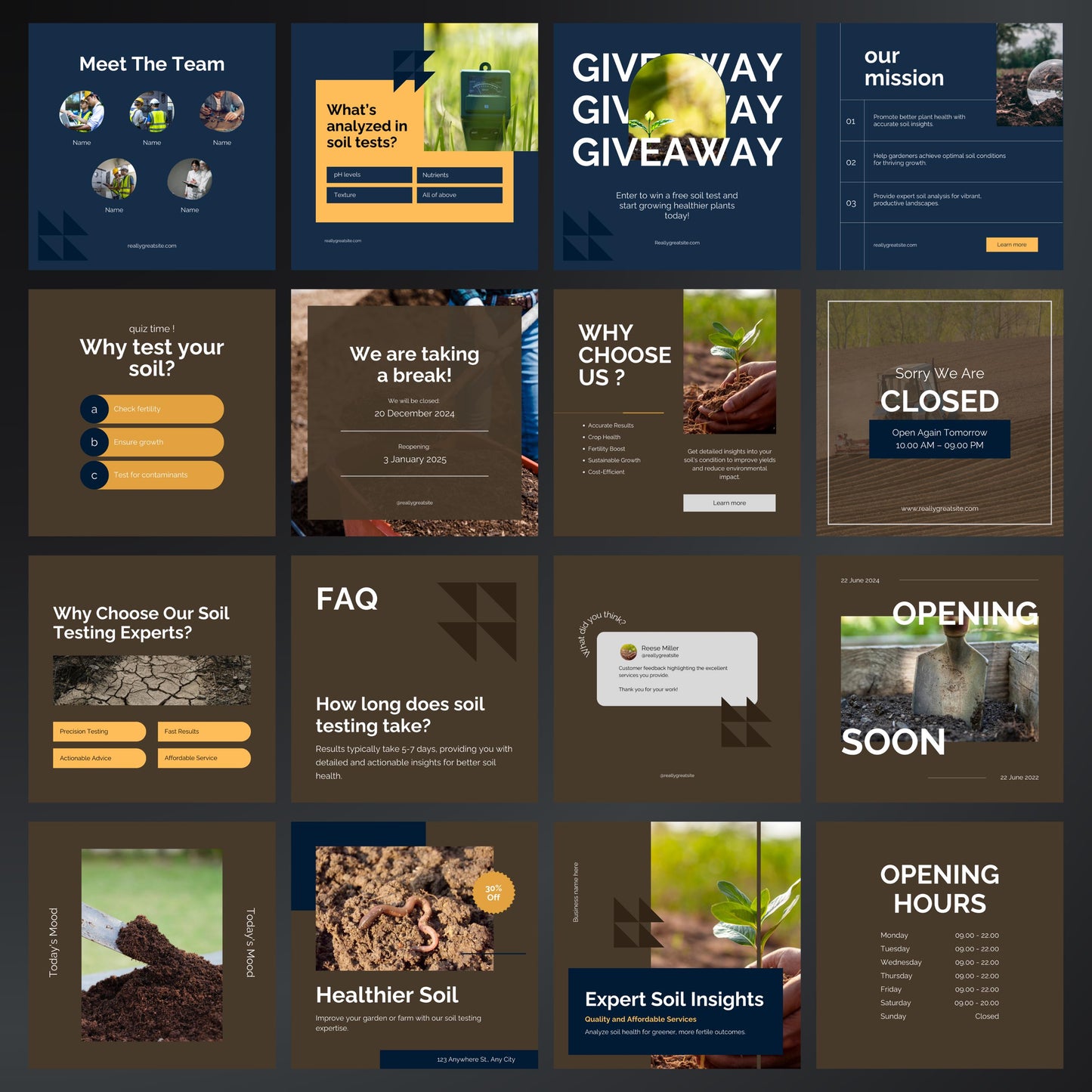 Soil Testing Service Canva Templates | Editable Instagram Posts for Soil Analysis & Agriculture