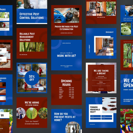 Collage of promotional images for pest control services with various text and graphics.