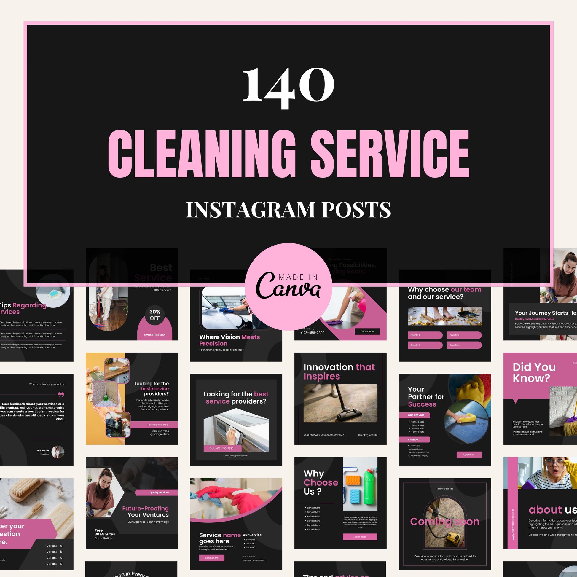 Collection of Instagram posts for a cleaning service with Canva branding.
