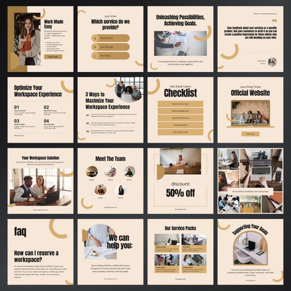 Collection of slides with various sections and images on a beige background