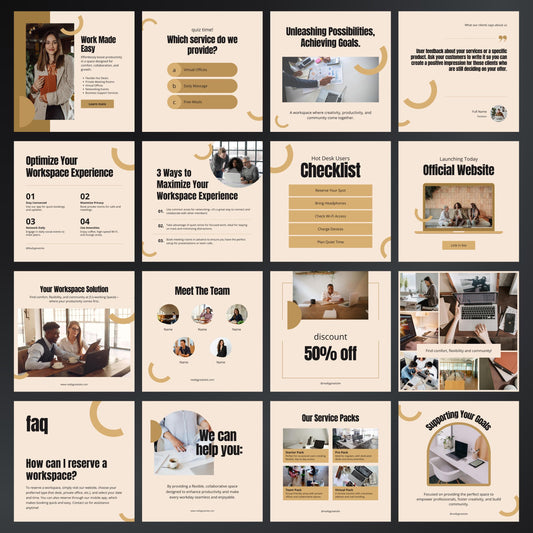 Collection of slides with various sections and images on a beige background