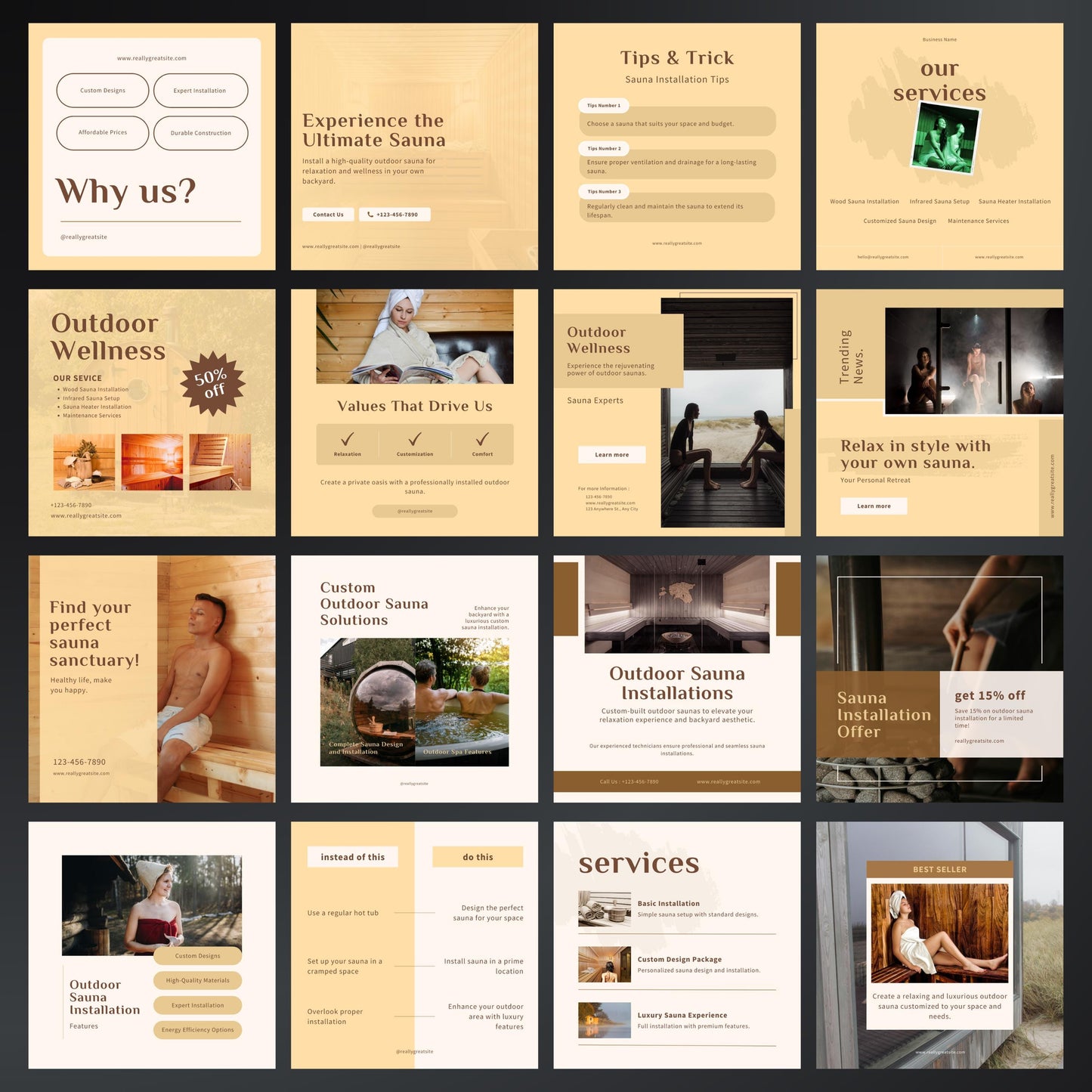 Outdoor Sauna Installation Canva Templates | Editable Instagram Posts for Sauna Services