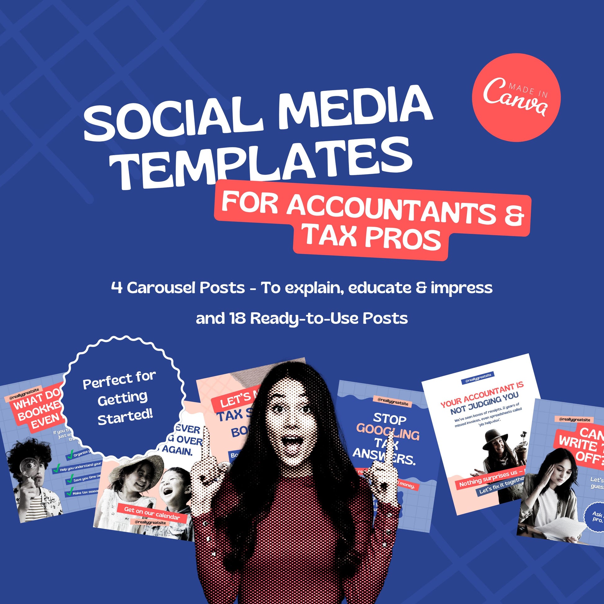 Promotional graphic for social media templates for accountants and tax pros with a woman in front of displayed templates.