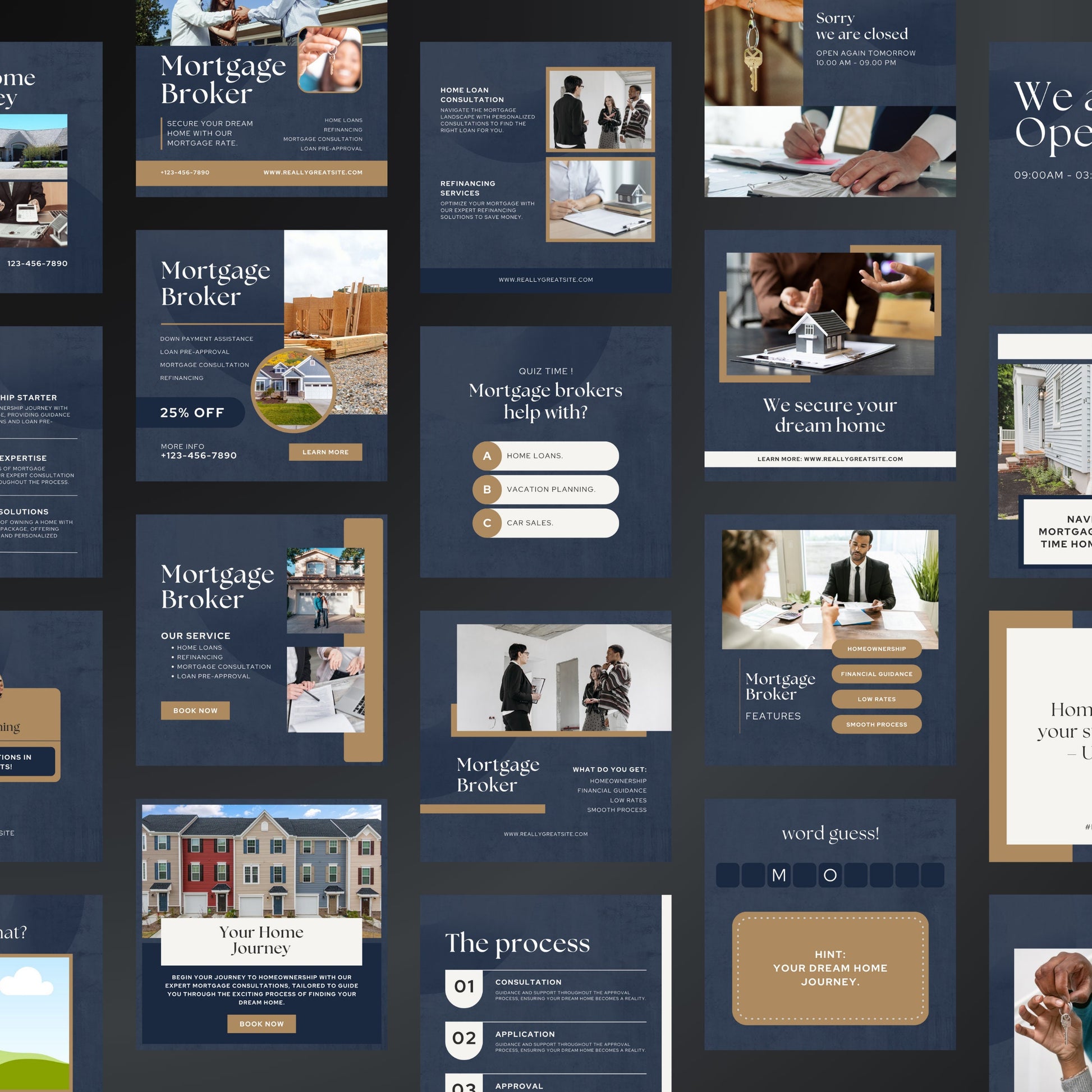 Collage of mortgage broker promotional materials with various designs and text.