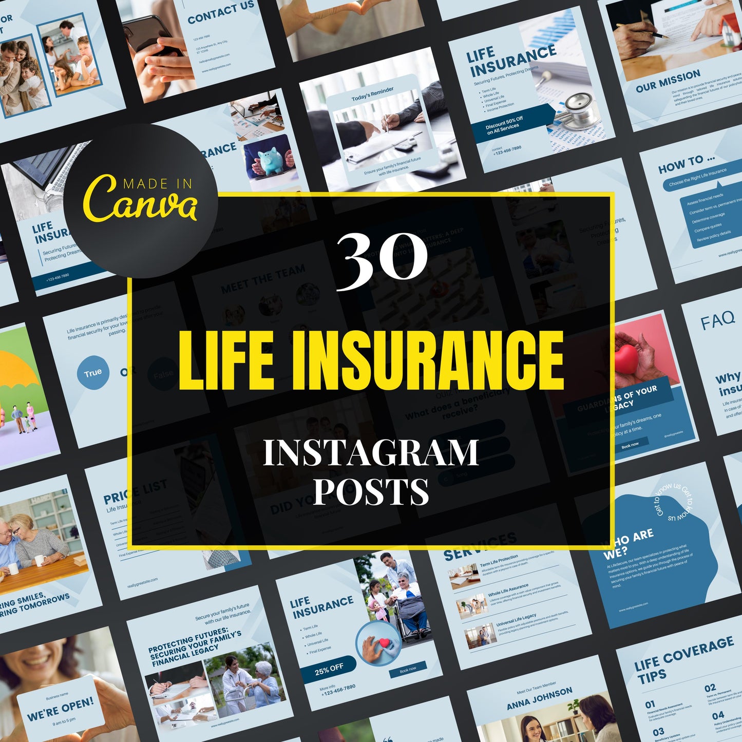 Collection of life insurance Instagram posts with 'Made in Canva' branding.