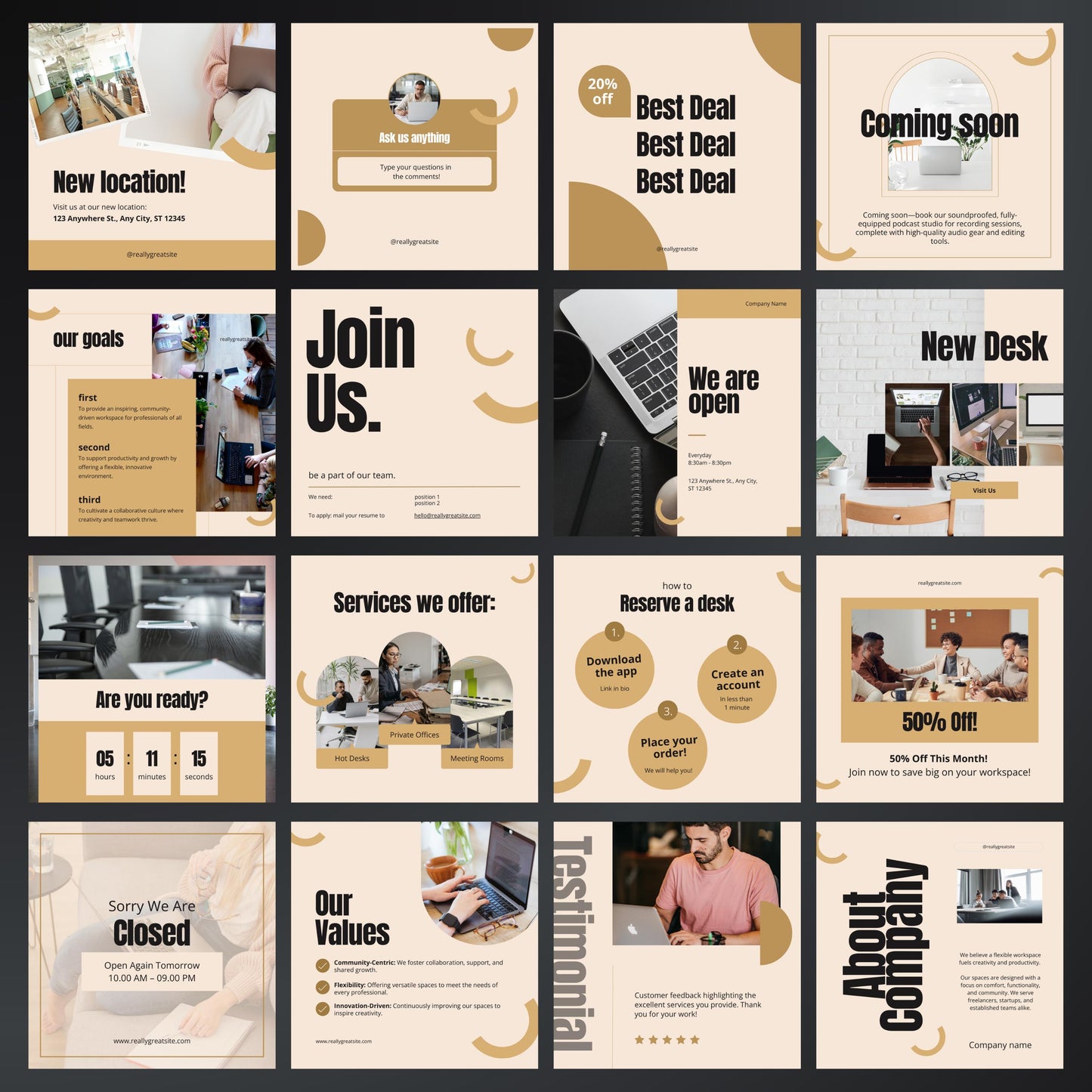 Co-working Space Canva Templates | Editable Instagram Post Kit for Shared Workspace Marketing
