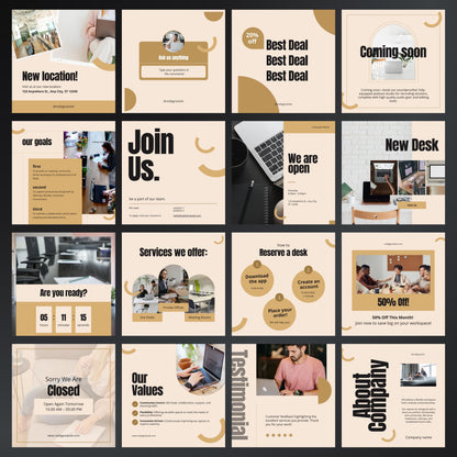 Co-working Space Canva Templates | Editable Instagram Post Kit for Shared Workspace Marketing