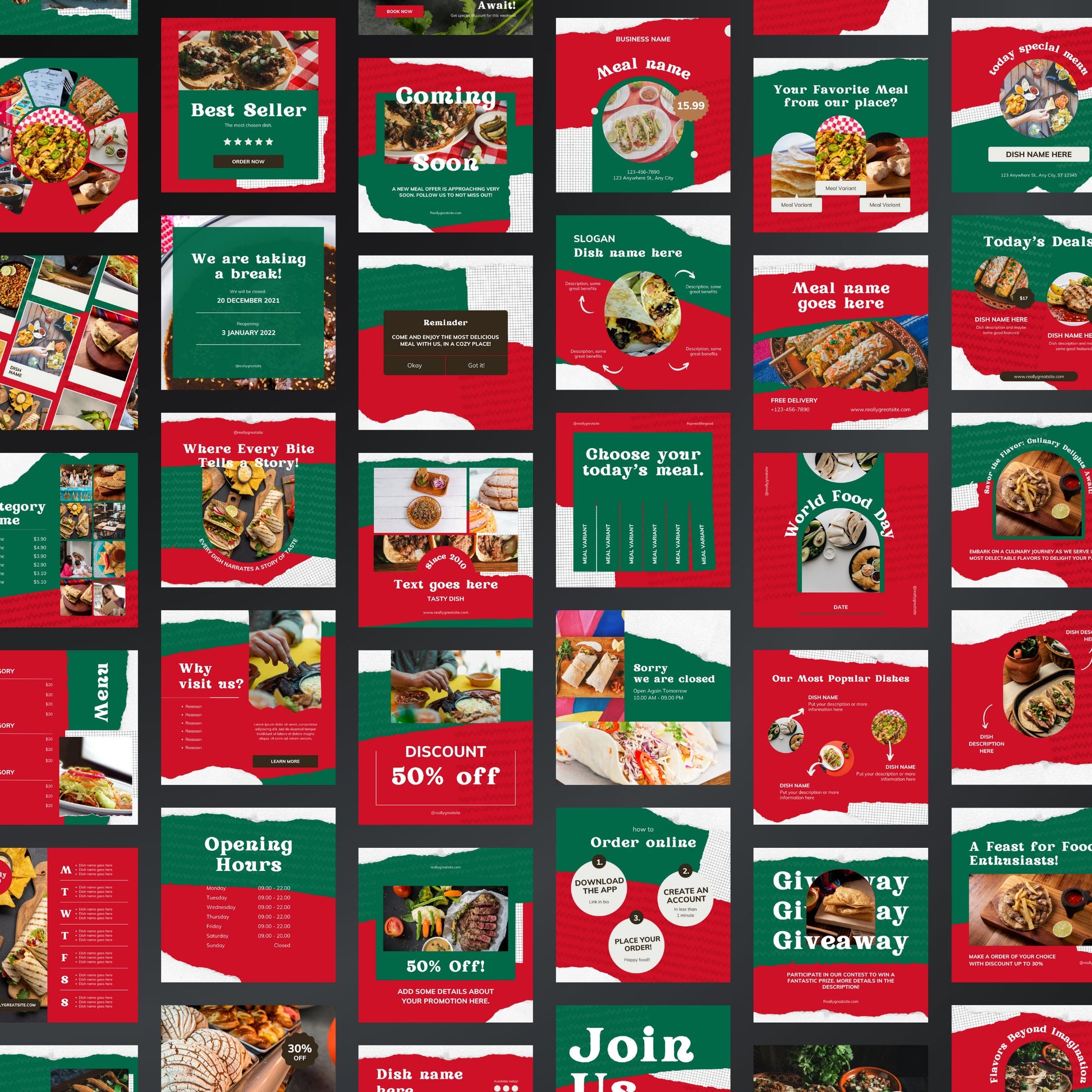 Collage of various restaurant promotional posters with different designs and text.