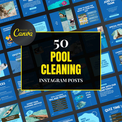 Promotional graphic for 50 pool cleaning Instagram posts by Canva with a collage of pool cleaning-themed images.