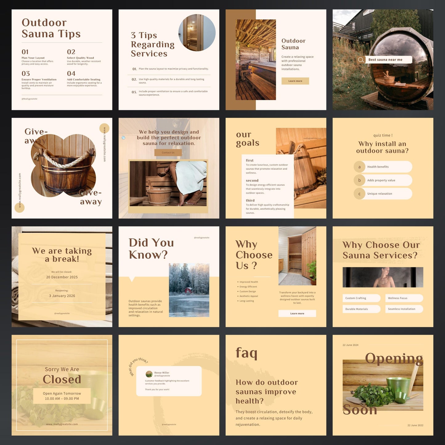 Outdoor Sauna Installation Canva Templates | Editable Instagram Posts for Sauna Services