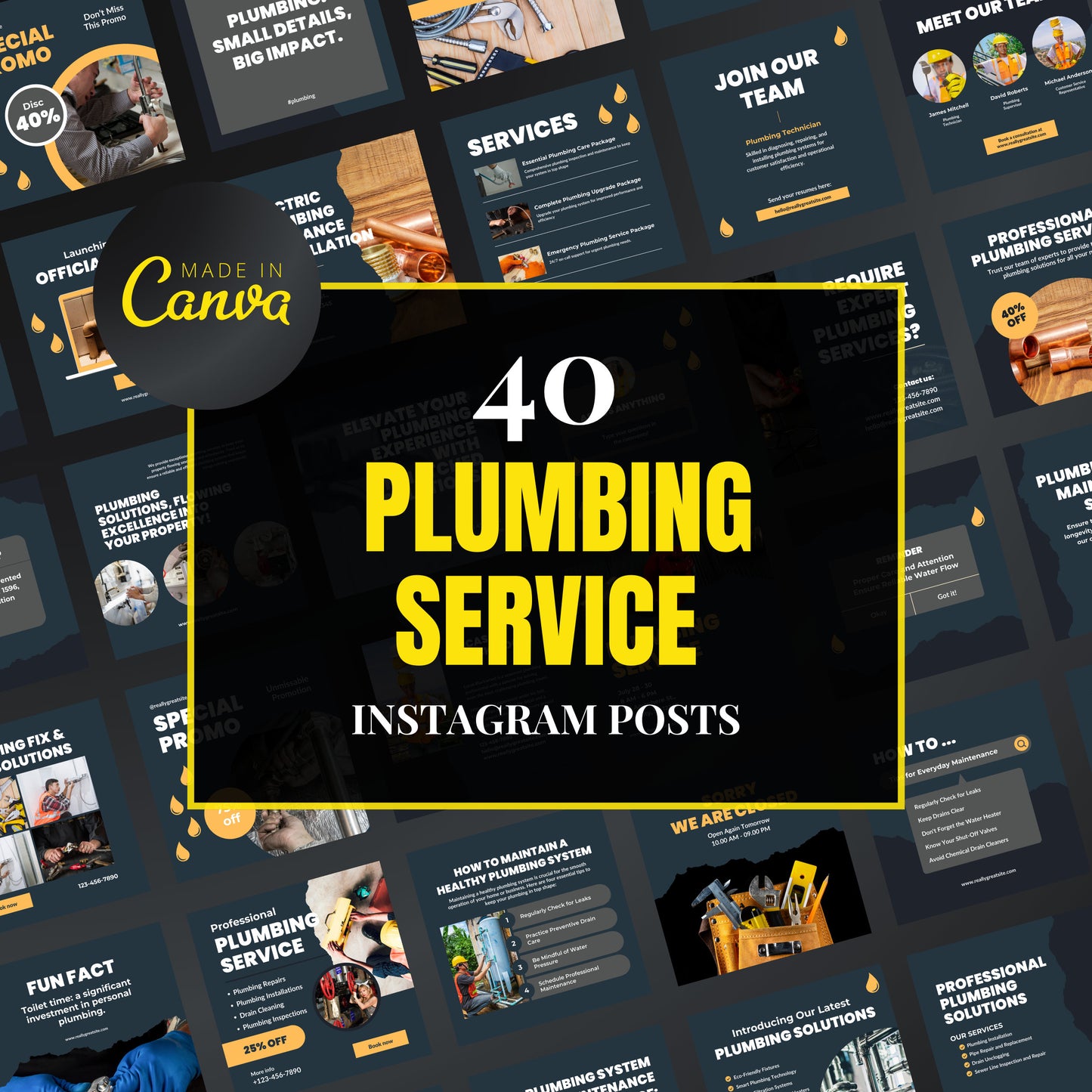 Collection of plumbing service Instagram posts with 'Made in Canva' branding.