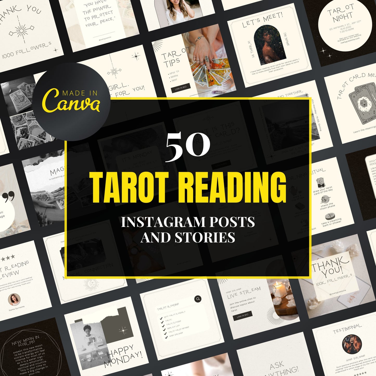 Promotional graphic for 50 Tarot Reading Instagram posts and stories by Canva.