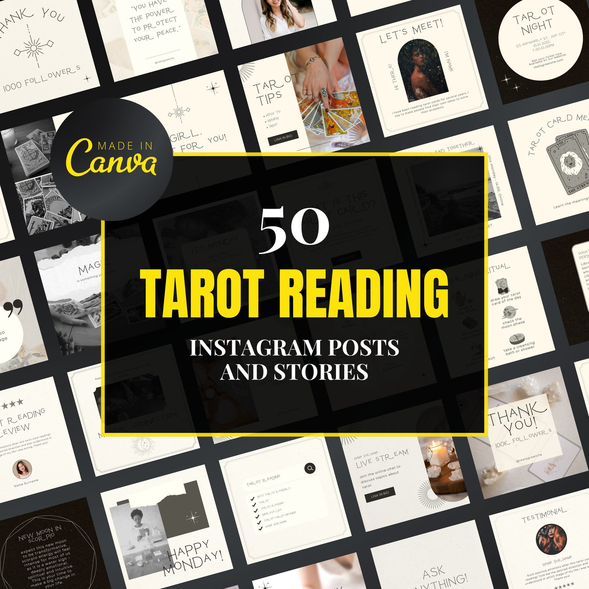 Promotional graphic for 50 Tarot Reading Instagram posts and stories by Canva.