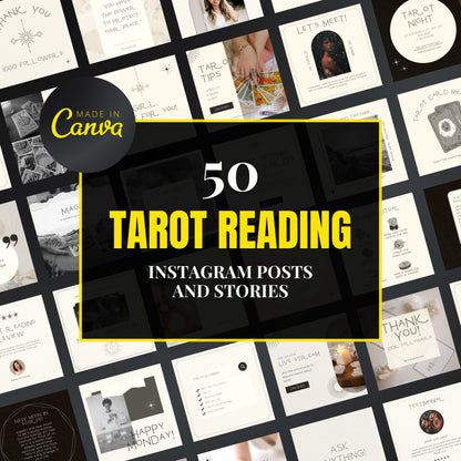 Promotional graphic for 50 Tarot Reading Instagram posts and stories by Canva.