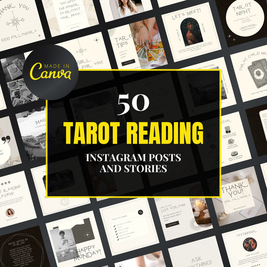 Promotional graphic for 50 Tarot Reading Instagram posts and stories by Canva.