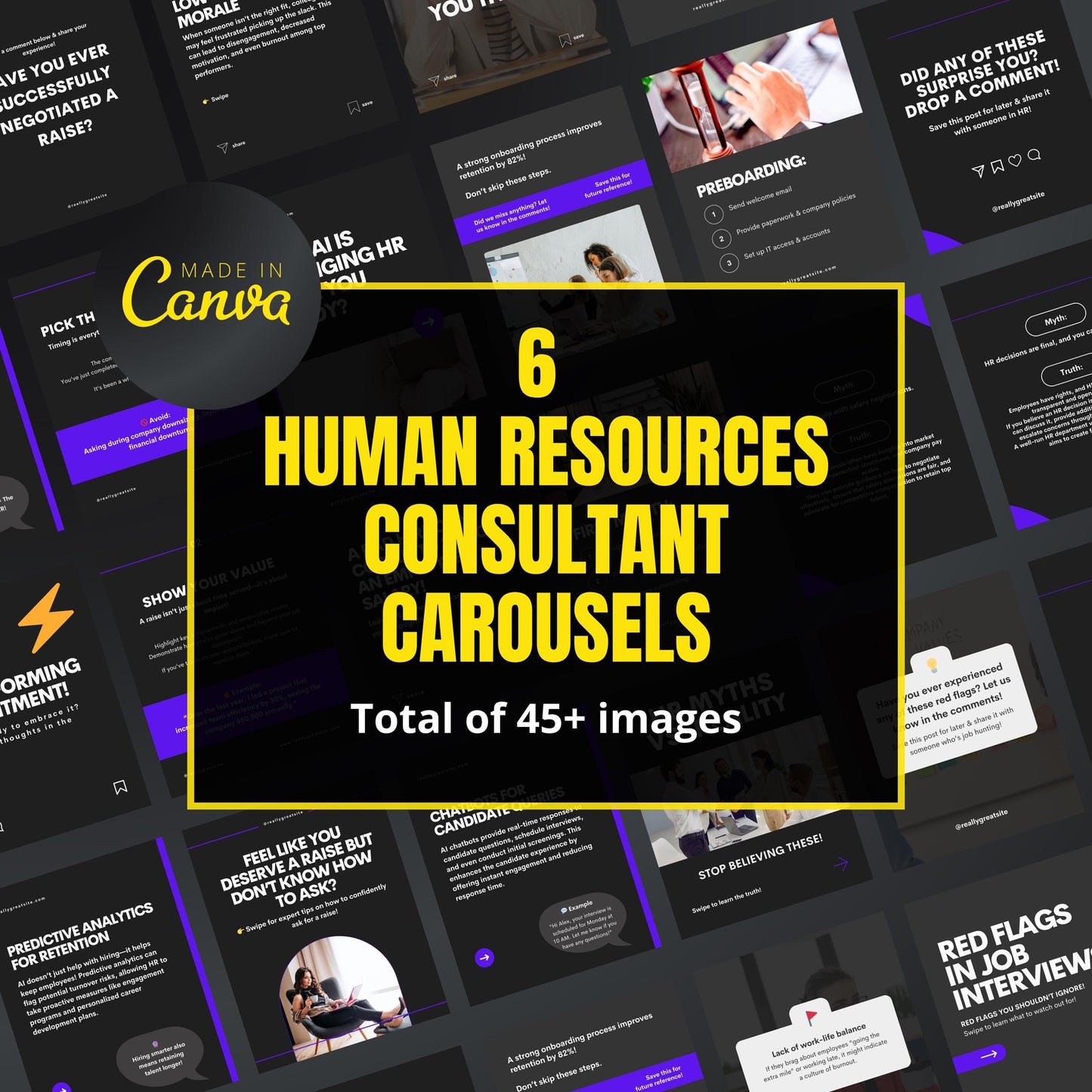 Promotional graphic for Made in Canva featuring human resources consultant carousels.