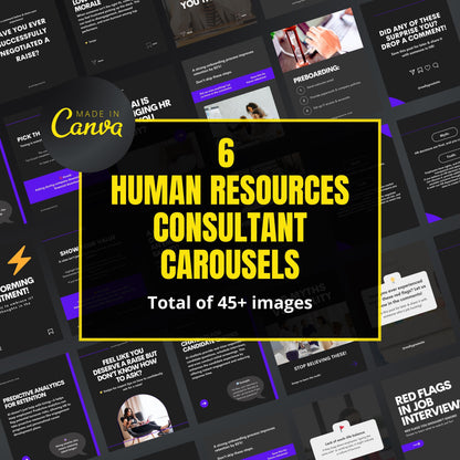 Promotional graphic for Made in Canva featuring human resources consultant carousels.
