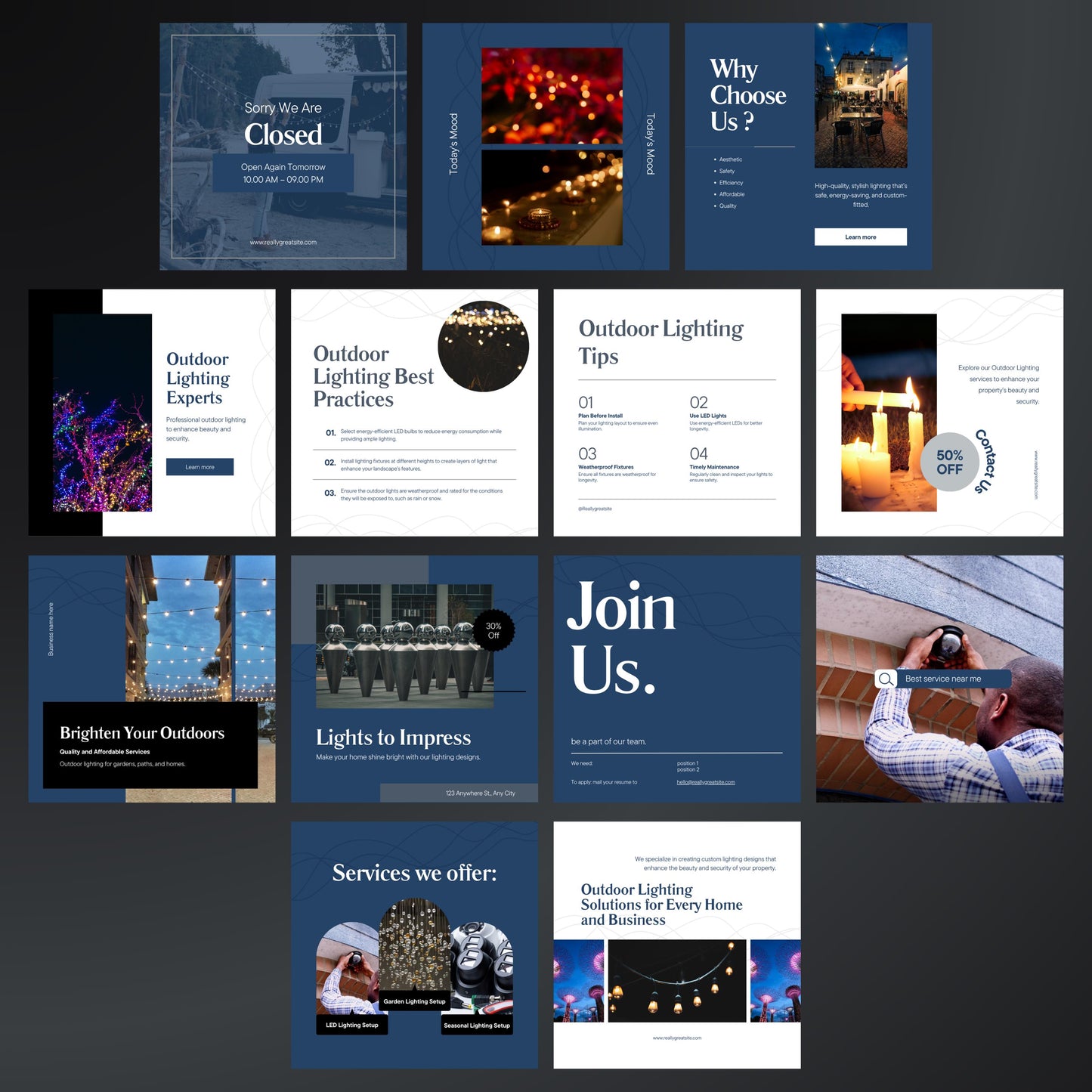 Outdoor Lighting Canva Templates | Editable Instagram Posts for Landscape & Holiday Lighting