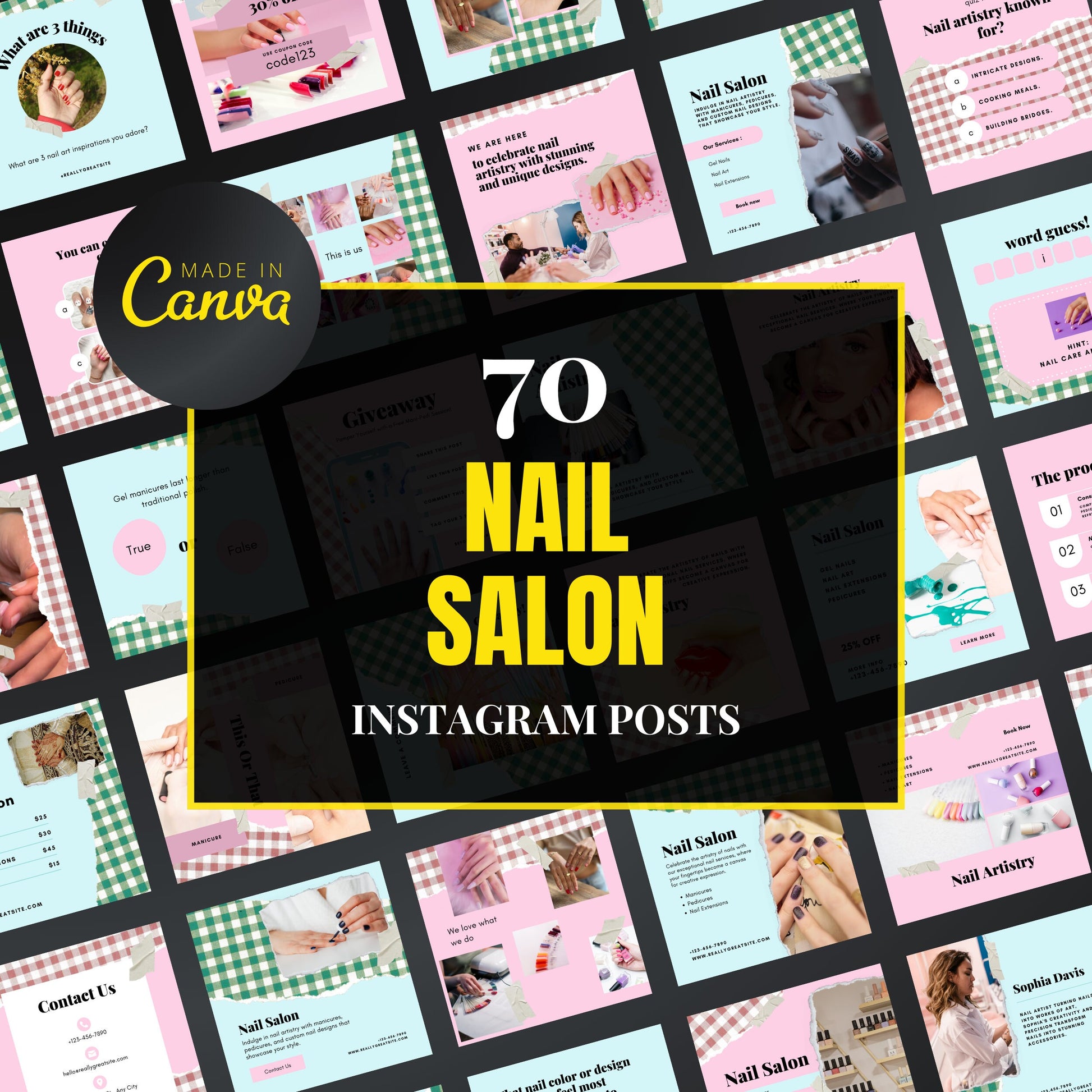 Collection of nail salon Instagram posts with 'Made in Canva' branding.
