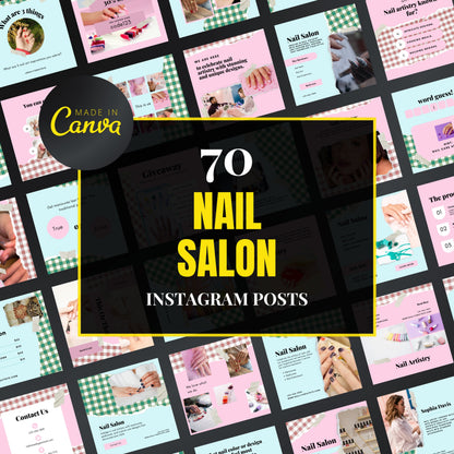Collection of nail salon Instagram posts with 'Made in Canva' branding.