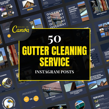 Promotional graphic for 50 gutter cleaning service Instagram posts with 'Made in Canva' branding.
